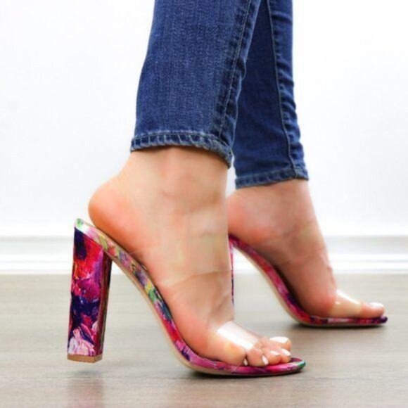 Clear Strappy Chunky High Heel Slider Sandal - Picture 3 of 8